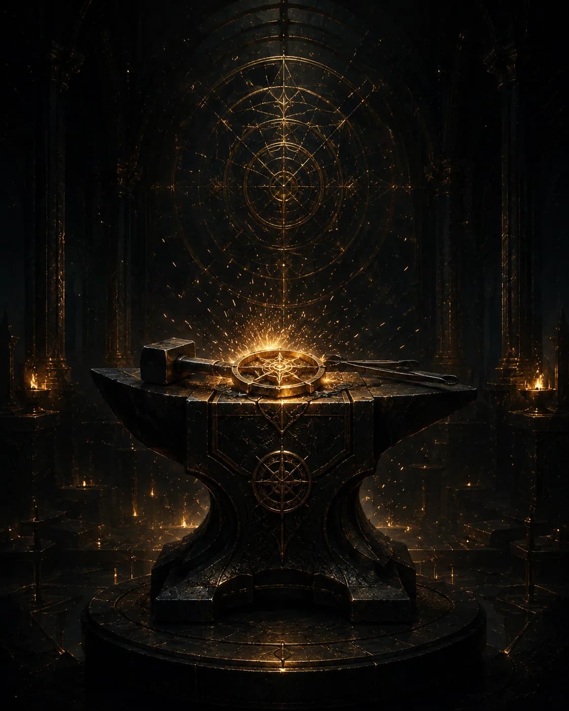 Black anvil with hammer and golden sparks