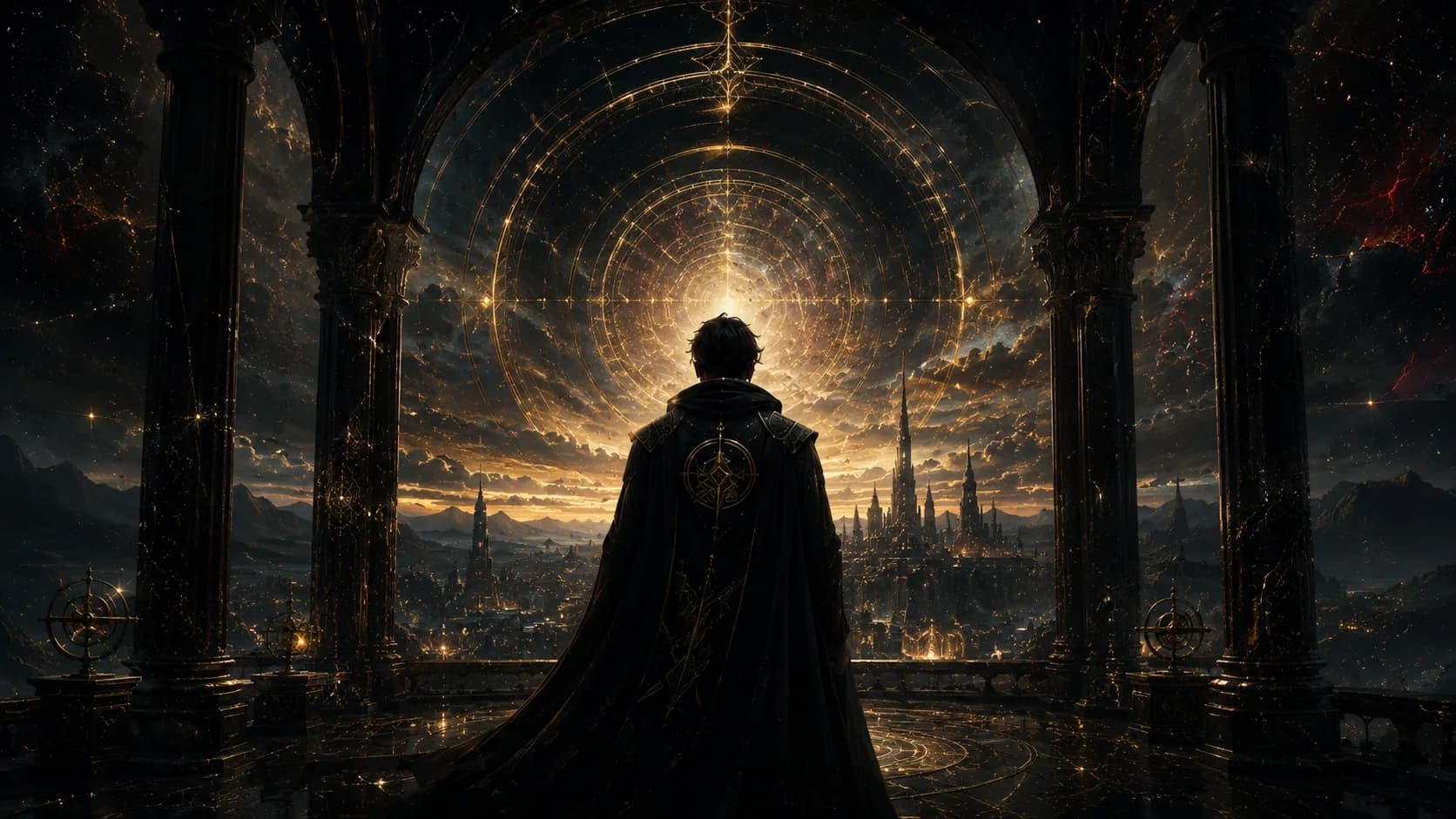 Bellovore cloaked architect overlooking a temporal city