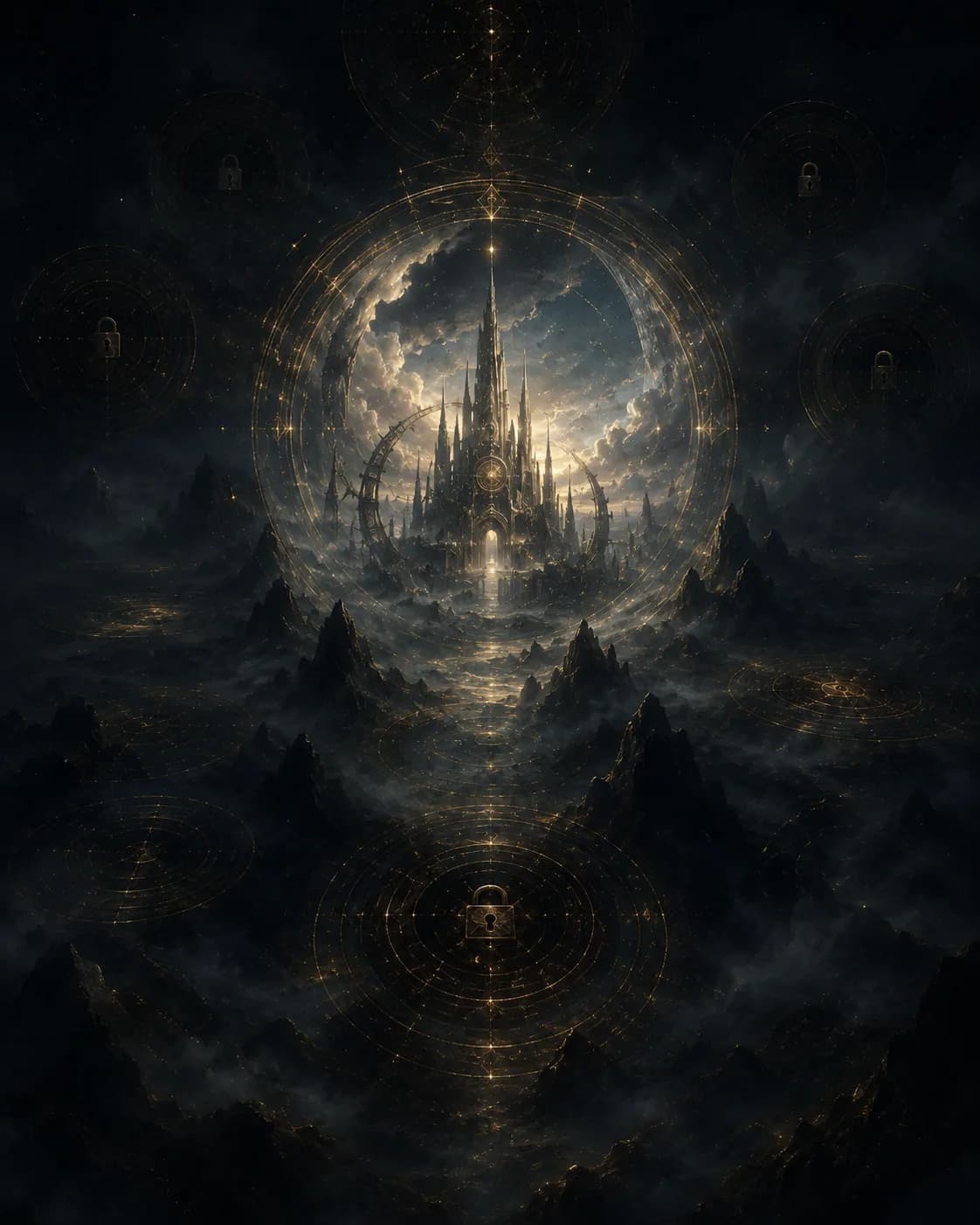Black mountain with red fire and golden time geometry