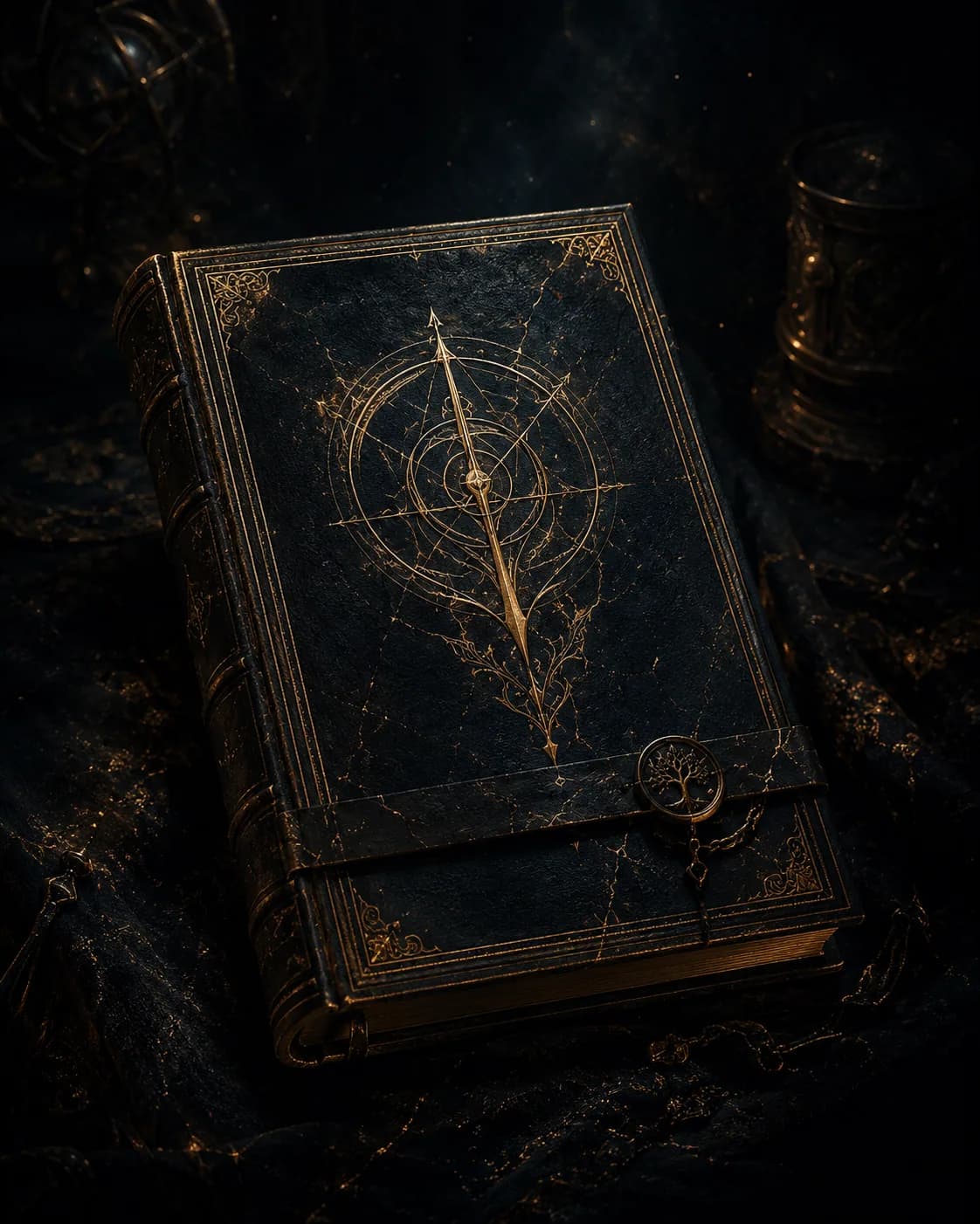 Black sealed book with golden symbol